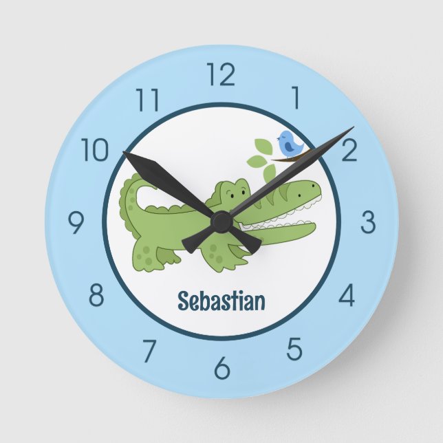 Reloj Redondo Mediano Alligator Crocodile Blue Bird Cute Jungle Nursera (Anverso)