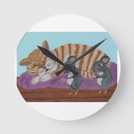 Reloj Redondo Mediano Almohada de gato dormido con ratones furtivos