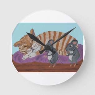 Reloj Redondo Mediano Almohada de gato dormido con ratones furtivos