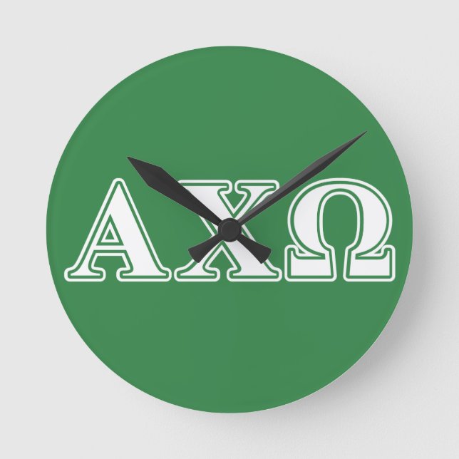 Reloj Redondo Mediano Alphi Chi Omega White and Green Letters (Anverso)