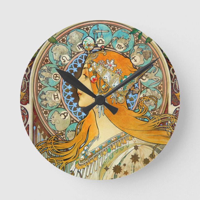 Reloj Redondo Mediano Alphonse Mucha Art Nouveau Zodiac (Anverso)