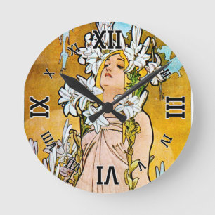 Reloj Redondo Mediano Alphonse Mucha - Lily - Frontera Blanca