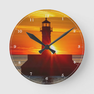 Reloj Redondo Mediano Amanecer del faro Duluth Minnesota Lago Superior