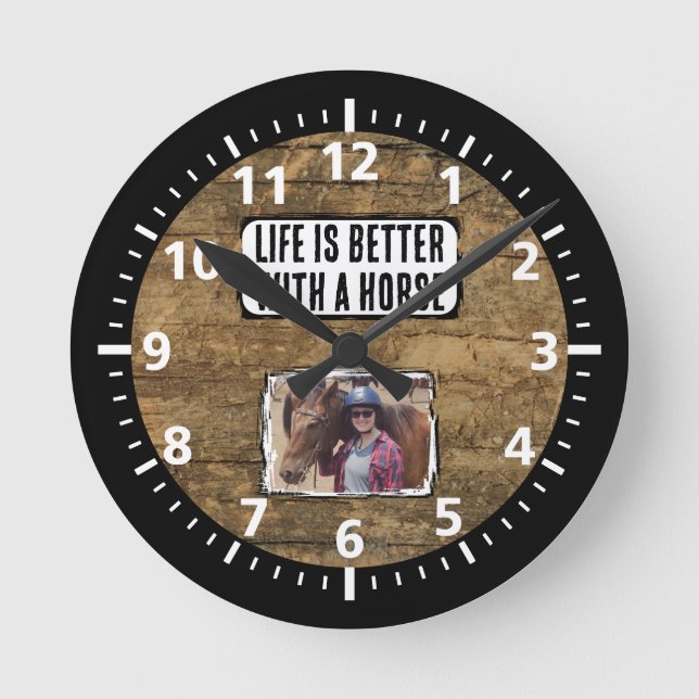 Reloj Redondo Mediano Amante del caballo 1 foto blanco negro rústico (Anverso)