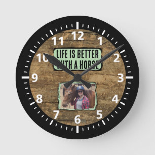 Reloj Redondo Mediano Amante del caballo 1 foto verde negro rústico