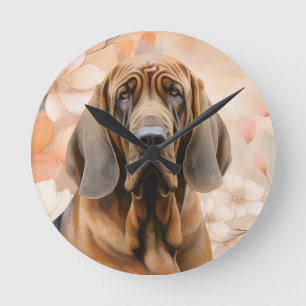 Reloj Redondo Mediano Amante del perro Bloodhound y flores de melocotón