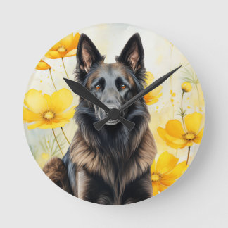 Reloj Redondo Mediano Amante del perro Tervuren belga y amapolas
