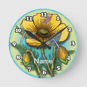 Reloj Redondo Mediano Amapola amarilla libélula