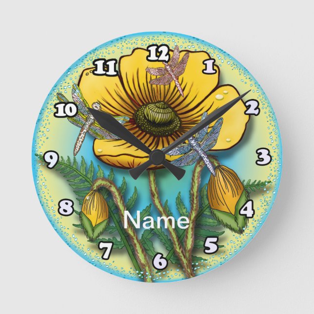 Reloj Redondo Mediano Amapola amarilla libélula (Anverso)