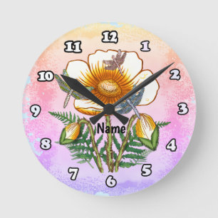 Reloj Redondo Mediano Amapola amarilla libélula
