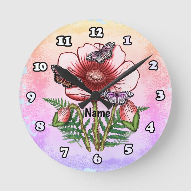 Reloj Redondo Mediano Amapola Roja Mariposa (Anverso)