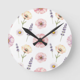 Reloj Redondo Mediano Amapola Rosa Lavanda Margarita Floral Acuarela 