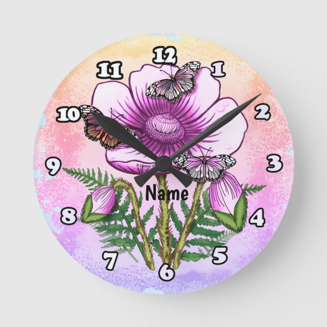 Reloj Redondo Mediano Amapola Rosa Mariposa  (Anverso)