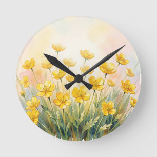 Reloj Redondo Mediano Amarilla Flor Silvestre Acuarela Soleada