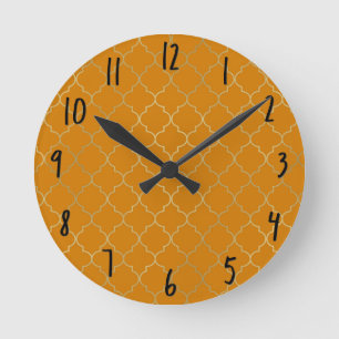 Reloj Redondo Mediano Amarillo Cúrcuma y Patrón de Cuatro Hojas en Dorad