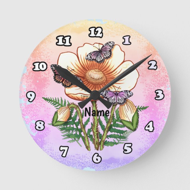 Reloj Redondo Mediano Amarillo Mariposa Amapola  (Anverso)