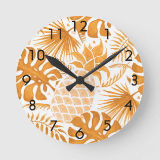 Reloj Redondo Mediano Amarillo tropical piña dorado botánico