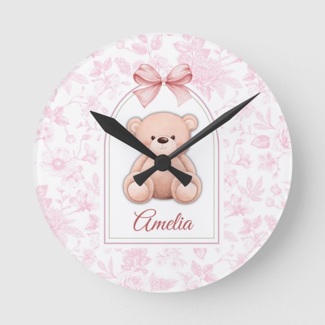 Reloj Redondo Mediano Amelia | Diseño de guardería de osito rosado perso (Anverso)