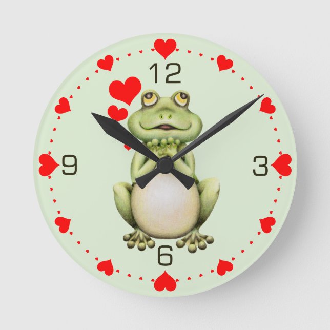 Reloj Redondo Mediano Amor de rana dibujando corazones verdes (Anverso)
