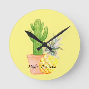 Reloj Redondo Mediano Amor moderno piña amarilla y cactus