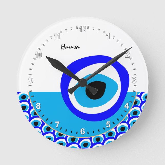 Reloj Redondo Mediano Amulet de ojos de talismán y malvado, blanco turco (Anverso)