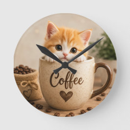 Reloj Redondo Mediano Amuleto de Gatito en Taza de Café