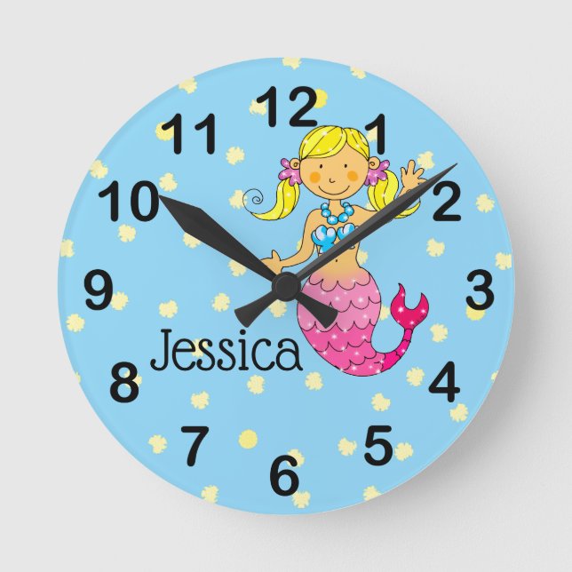 Reloj Redondo Mediano añadir nombre - sirena princesa rosa (pelo rubio) (Anverso)