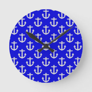 Reloj Redondo Mediano Anclas blancas en fondo azul
