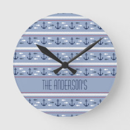 Reloj Redondo Mediano Anclas Náuticas Blancas y Azules Personalizadas 