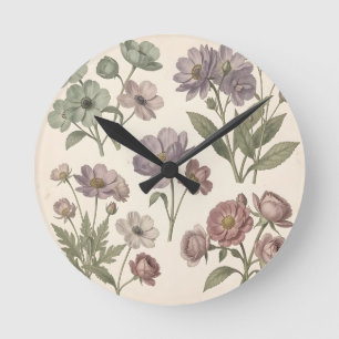 Reloj Redondo Mediano Anémonas Rosas Botánicas Suaves Pastel Vintage