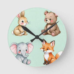 Reloj Redondo Mediano Animales adorables de la selva bebé Pastel Acuarel