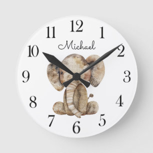 Reloj Redondo Mediano Animales de Acuarela Lindos Elefante Guardería Inf