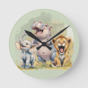 Reloj Redondo Mediano Animales de Safari León Hipopótamo Elefante