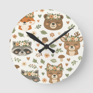 Reloj Redondo Mediano Animales Lindos del Bosque Patrón Floral