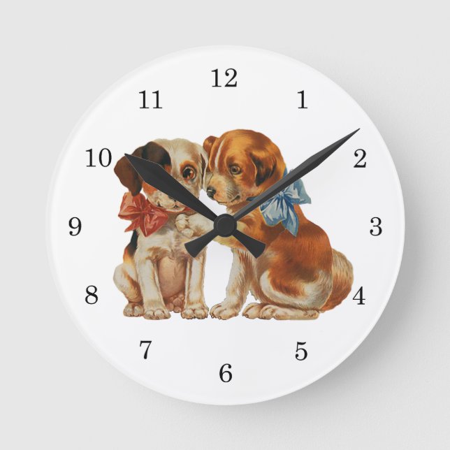 Reloj Redondo Mediano Animales Mascotas de época, cachorros de amor con  (Anverso)