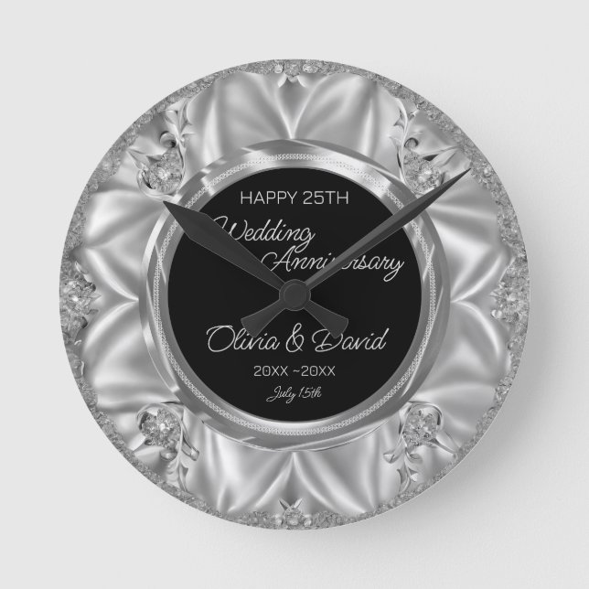 Reloj Redondo Mediano Aniversario Boda de satén gris y diamantes platead (Anverso)