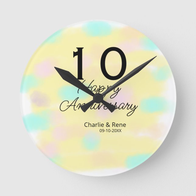 Reloj Redondo Mediano aniversario de bodas 10 amarillo pastel nombre ret (Anverso)