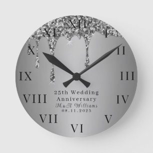 Reloj Redondo Mediano Aniversario de Bodas de Plata moderno elegante