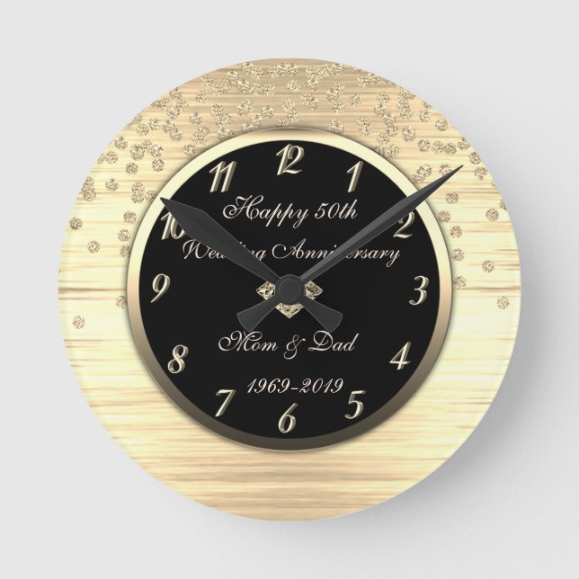 Reloj Redondo Mediano Aniversario del oro de Confetti 50° Boda (Anverso)