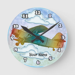 Reloj Redondo Mediano Antiguo Avión Arcoíris
