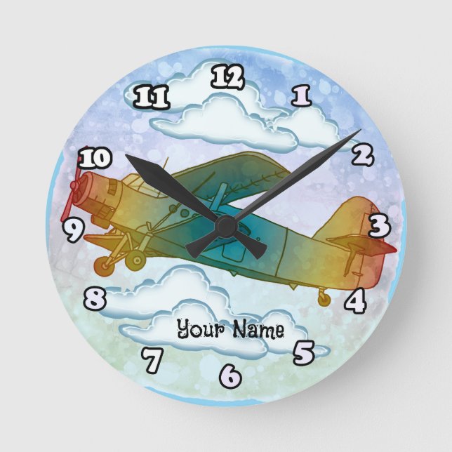 Reloj Redondo Mediano Antiguo Avión Arcoíris (Anverso)