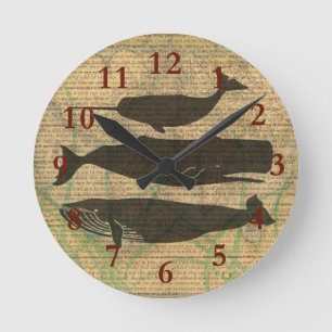 Reloj Redondo Mediano  Antiguo ballena náutico vintage océano vida marin