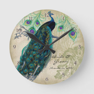 Reloj Redondo Mediano Antiguo Boda personalizado de Peacock y Etchings