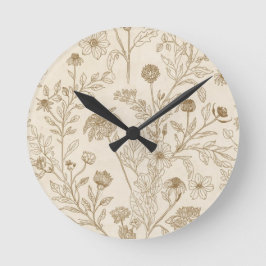 Reloj Redondo Mediano Antique Sepia Botanical Line Art Floral Pattern