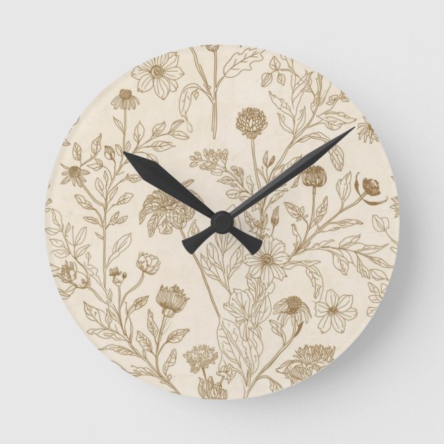 Reloj Redondo Mediano Antique Sepia Botanical Line Art Floral Pattern (Anverso)