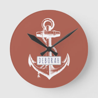 Reloj Redondo Mediano Anuncio vintage y nombre terracota náutico