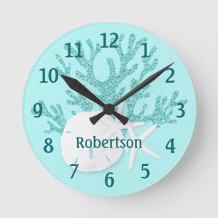 Reloj Redondo Mediano Aqua Blue Purpurina Sand Dollar Starfish Beach