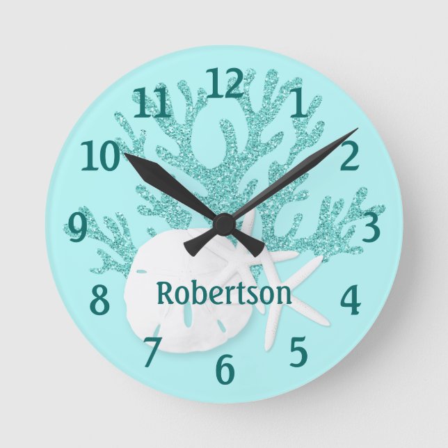 Reloj Redondo Mediano Aqua Blue Purpurina Sand Dollar Starfish Beach (Anverso)