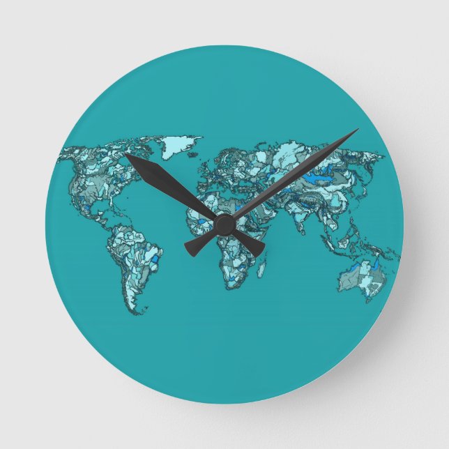 Reloj Redondo Mediano aquamarine world map ink drawing (Anverso)