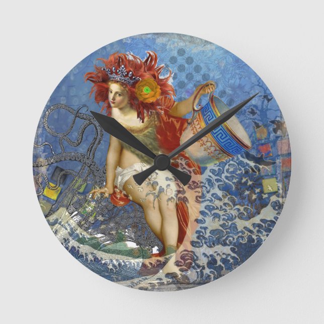 Reloj Redondo Mediano Aquarius Mermaid Arte Gótico Azul (Anverso)